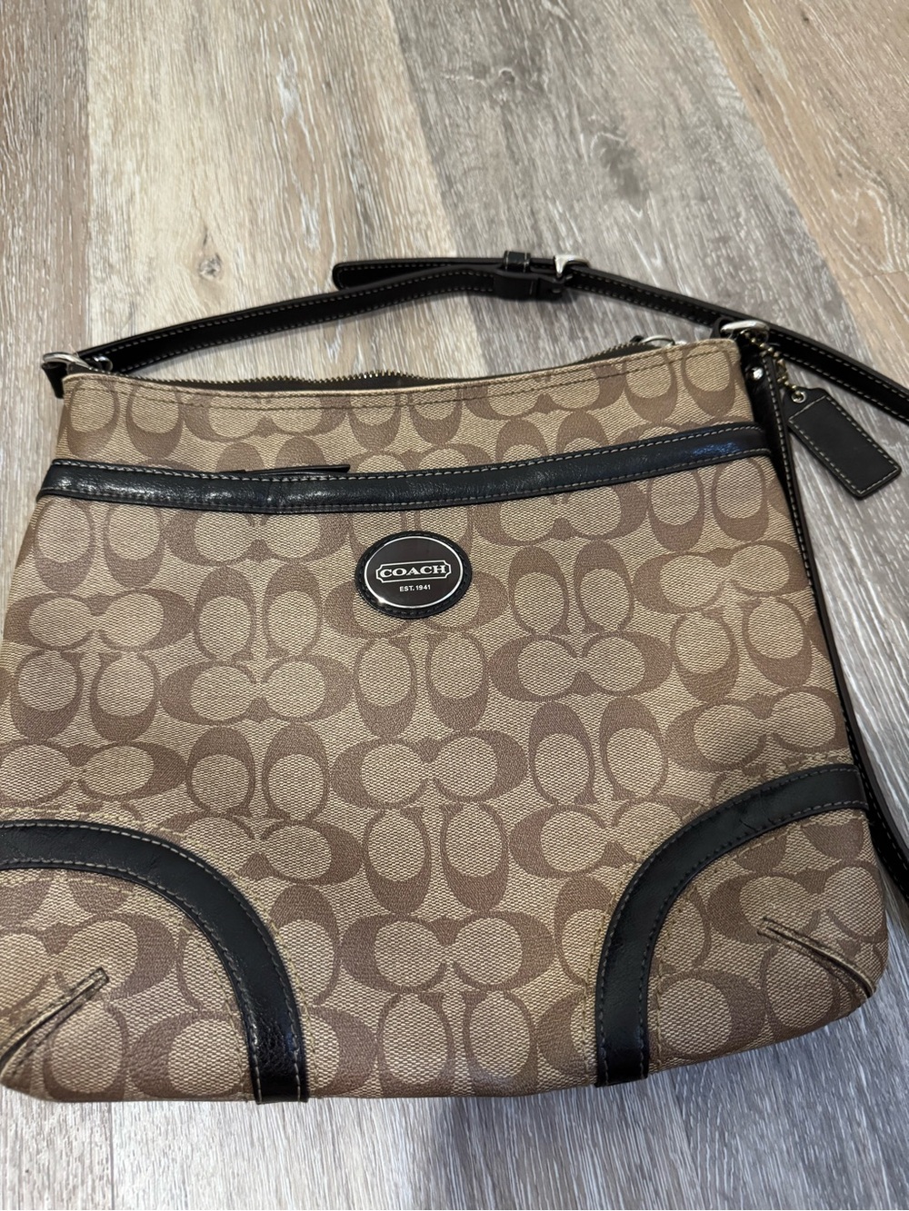COACH Brown Signature Canvas Crossbody with Black Trim